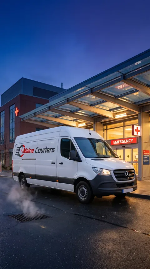 Maine Couriers van outside a hospital emergency department