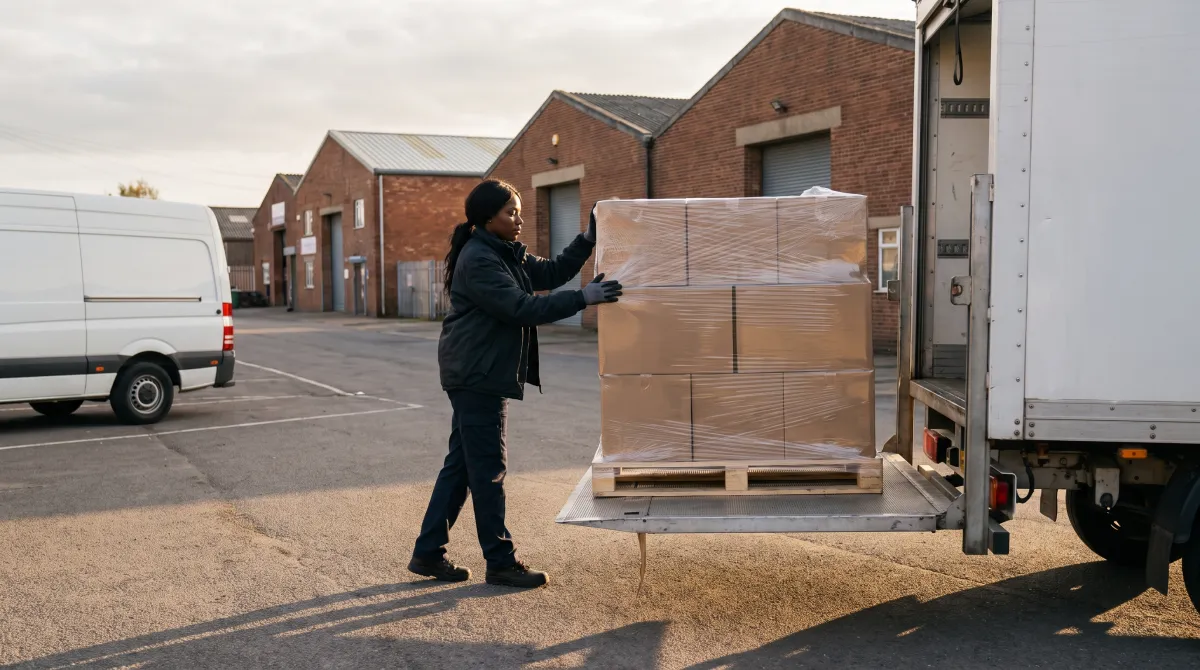 Pallet loaded onto a courier van tail lift