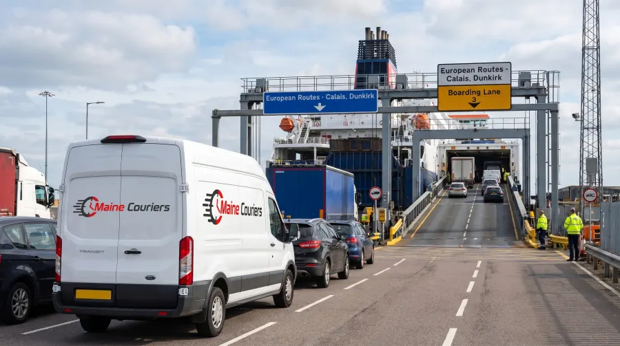 Maine Couriers van boarding a cross-Channel ferry for European delivery