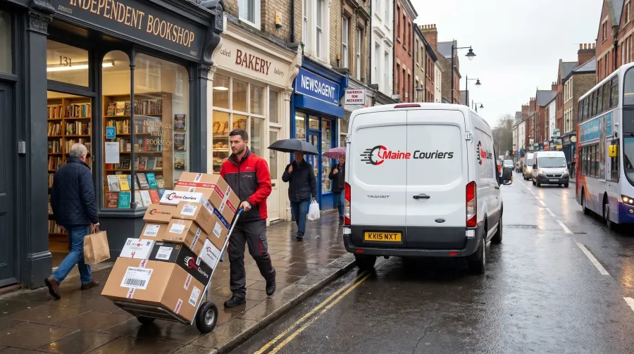 Maine Couriers driver on a multi-drop route along a UK high street