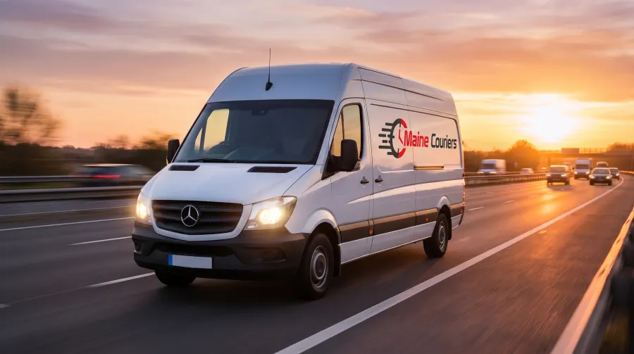 Maine Couriers van on the motorway at dusk for overnight delivery