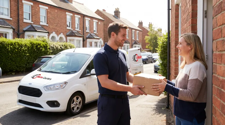 Maine Couriers driver handing a parcel to a customer at the door